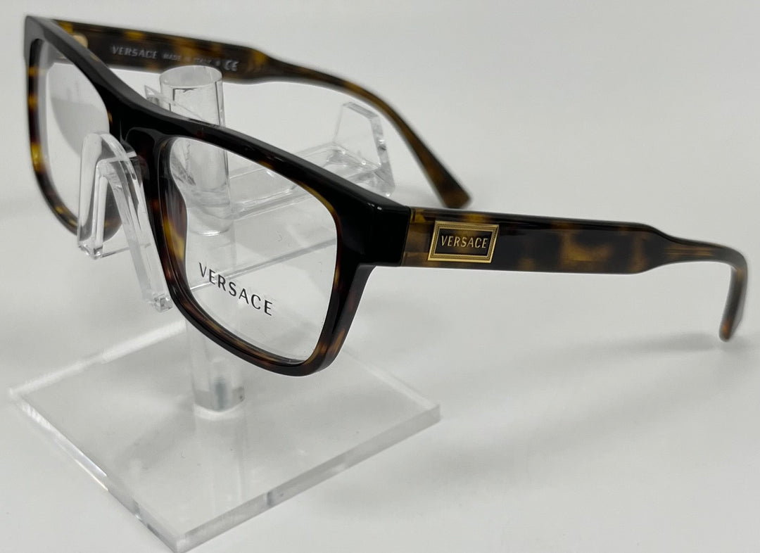 Side angle of Versace MOD 3277 frame showing tortoise temples and gold logo detail