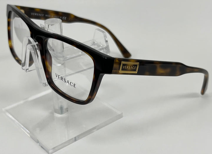 Side angle of Versace MOD 3277 frame showing tortoise temples and gold logo detail