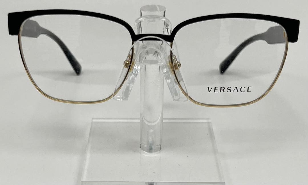 Front view of Versace MOD 1264 men's eyeglasses in black and gold, size 54-18-140