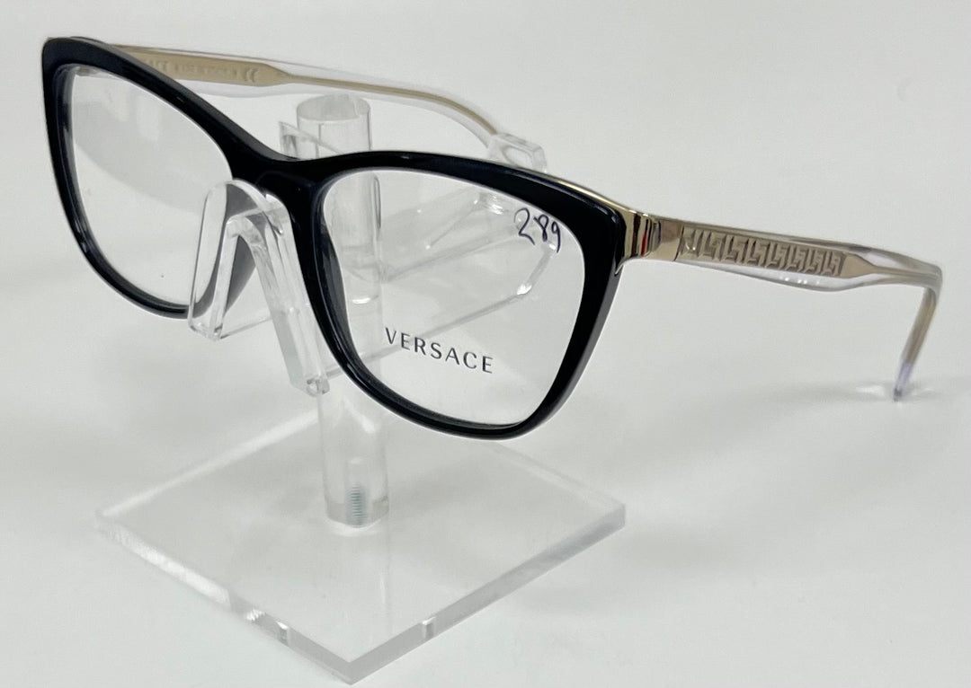 Side view of Versace 3255 black and gold women's frame