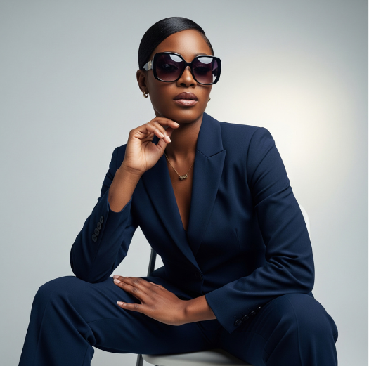 Woman in a navy blue suit sitting on a chair against a gray background