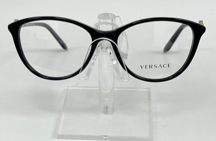 Versace 3175 cat-eye eyeglasses in black with gold Medusa accent