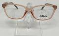 A pair of peach-colored eyeglasses with bold purple and yellow temples, displayed on a stand.