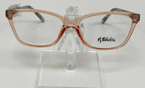 A pair of peach-colored eyeglasses with bold purple and yellow temples, displayed on a stand.