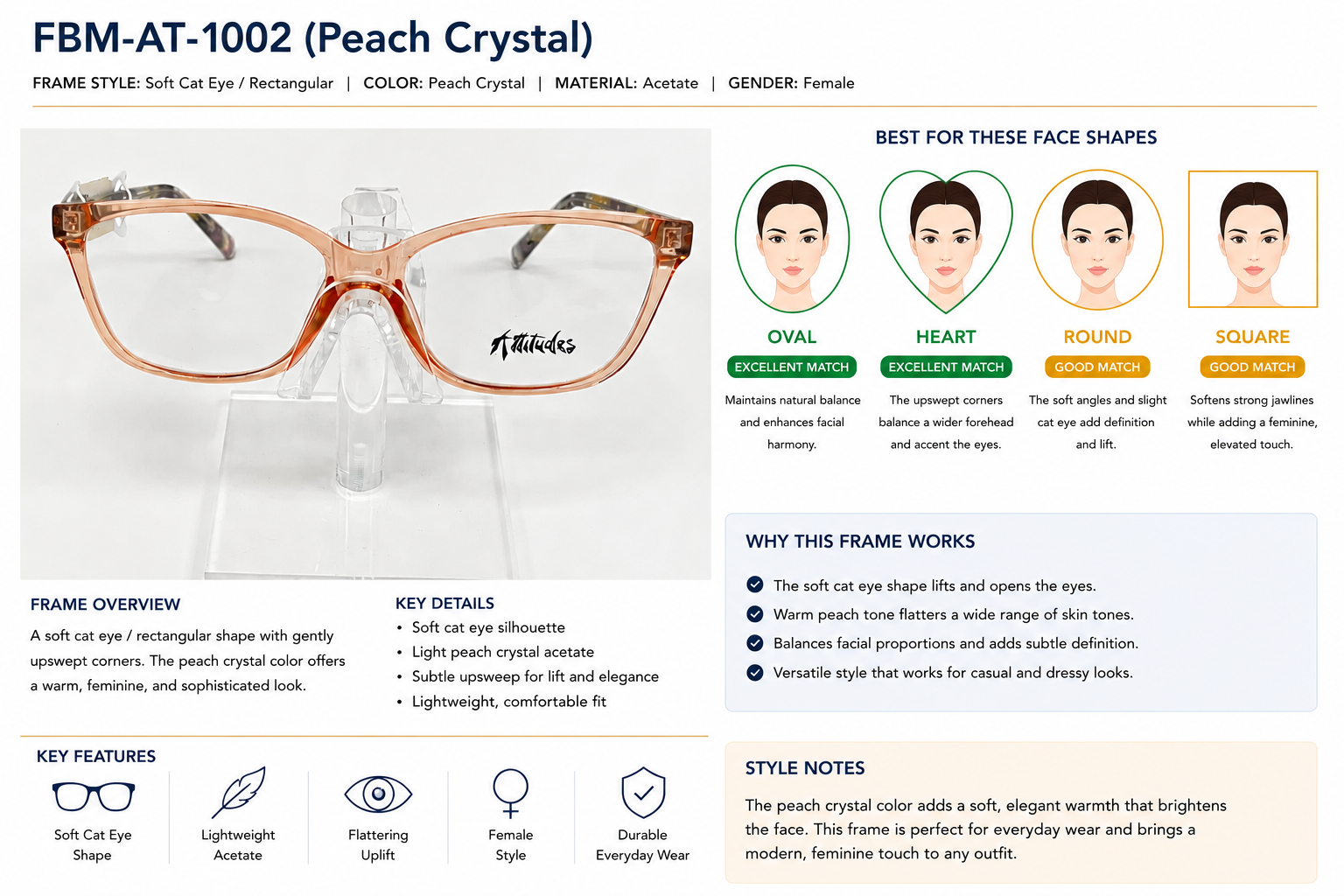 A product information card for FBM-AT-1002 Peach Crystal eyeglasses. The left side shows a pair of soft cat-eye rectangular eyeglasses in a peachy crystal color on a clear stand.
