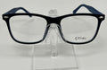 blue eyeglasses on a clear stand with 'Attitudes' branding.
