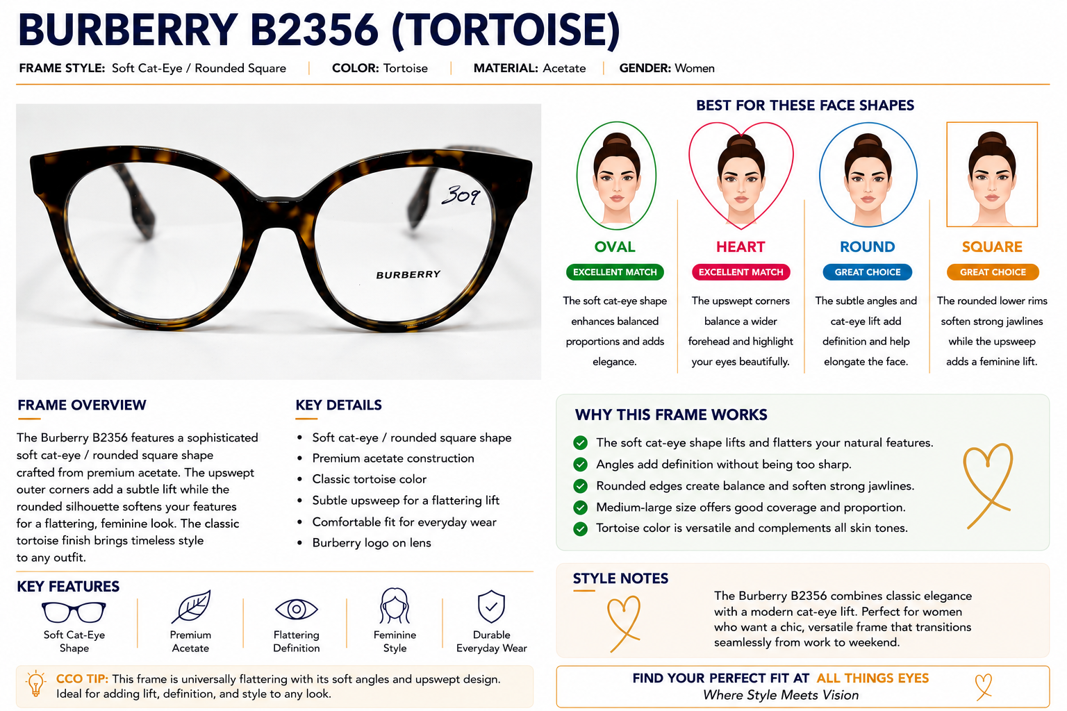 A detailed product information graphic for Burberry B2356 Tortoise eyeglasses. The image features a large front view of the tortoiseshell eyeglasses, accompanied by color and material details, a frame overview diagram, key features icons, face shape recommendations, and style notes on a white background.
