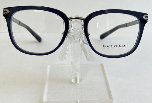 Bulgari eyeglasses on a clear stand against a white background