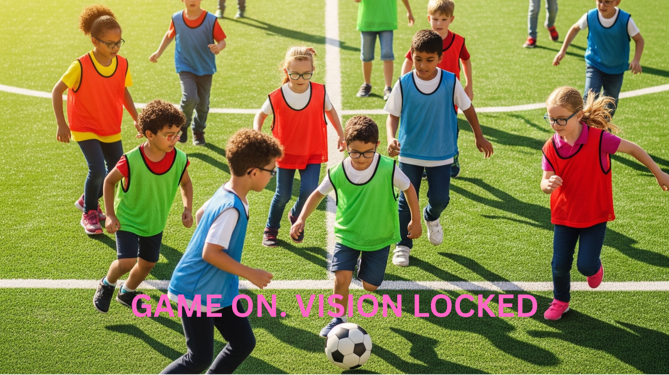 Children with educational materials outdoors and playing soccer on a field, promoting classroom readiness.