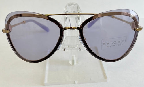Bulgari sunglasses on a clear stand with a white background