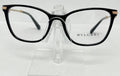 Bulgari eyeglasses on a clear stand against a white background