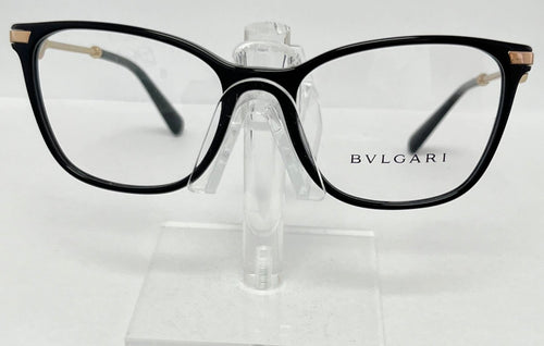 Bulgari eyeglasses on a clear stand against a white background