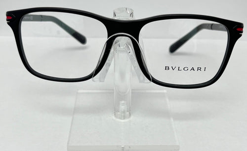 Bulgari eyeglasses on a clear stand against a white background