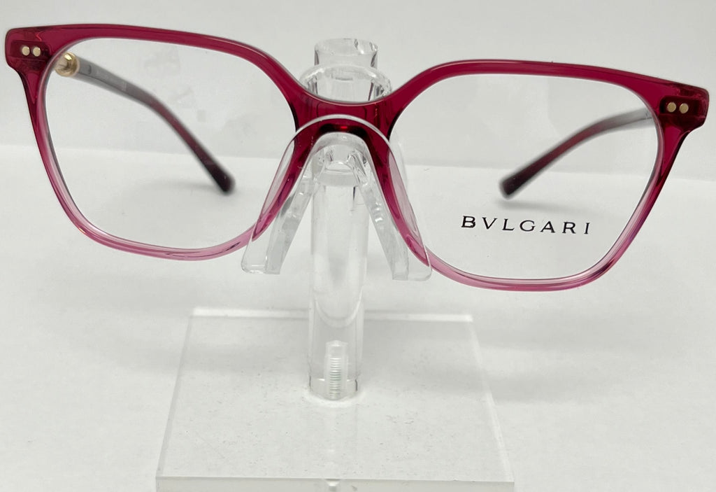 Bulgari eyeglasses on a clear stand against a white background