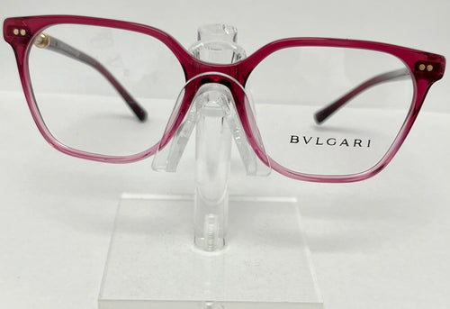 Bulgari eyeglasses on a clear stand against a white background