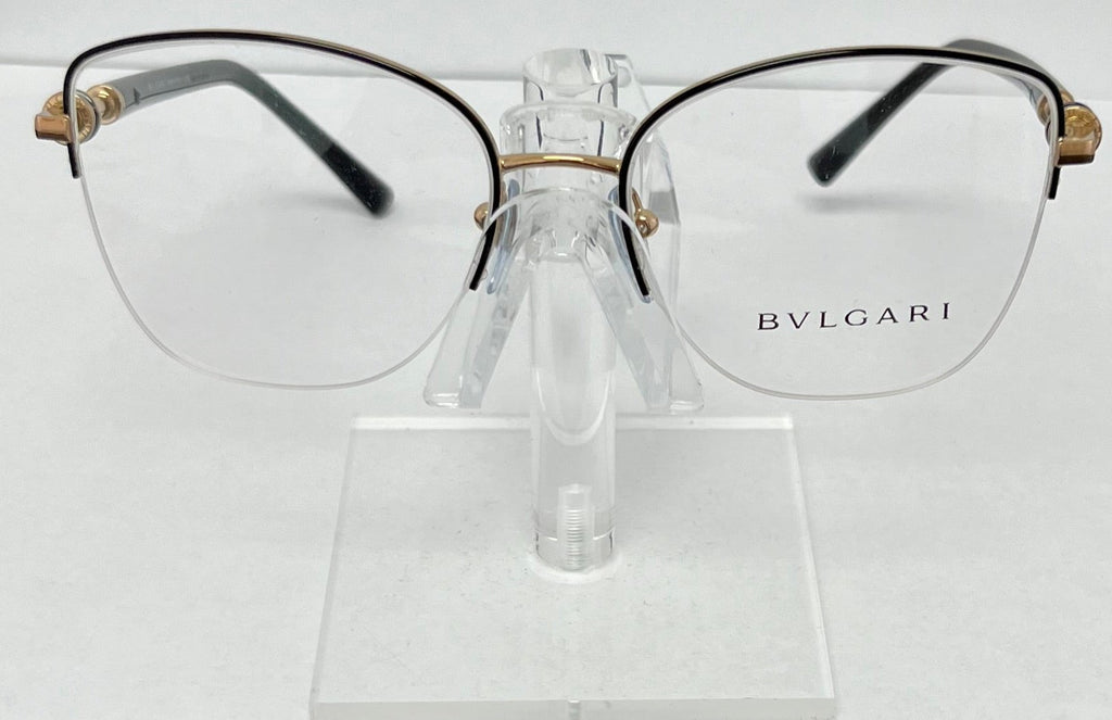 Bulgari eyeglasses on a clear stand against a white background