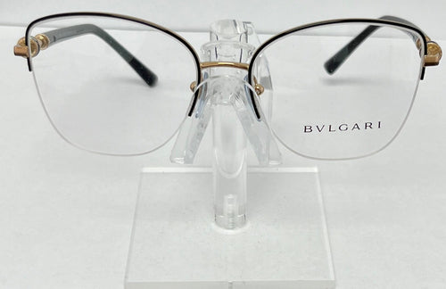 Bulgari eyeglasses on a clear stand against a white background