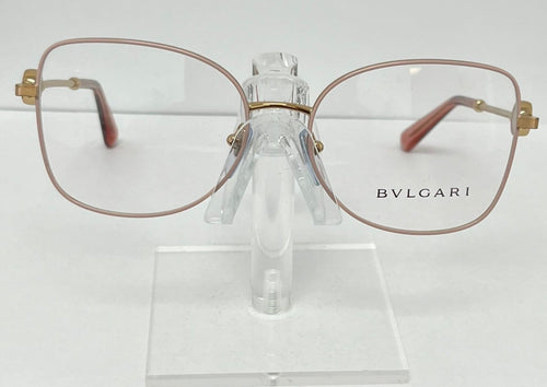 Bulgari eyeglasses on a clear stand against a white background