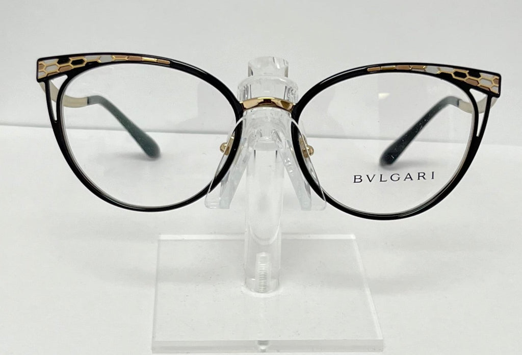 Bulgari eyeglasses on a clear stand against a white background