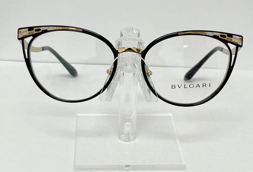 Bulgari eyeglasses on a clear stand against a white background