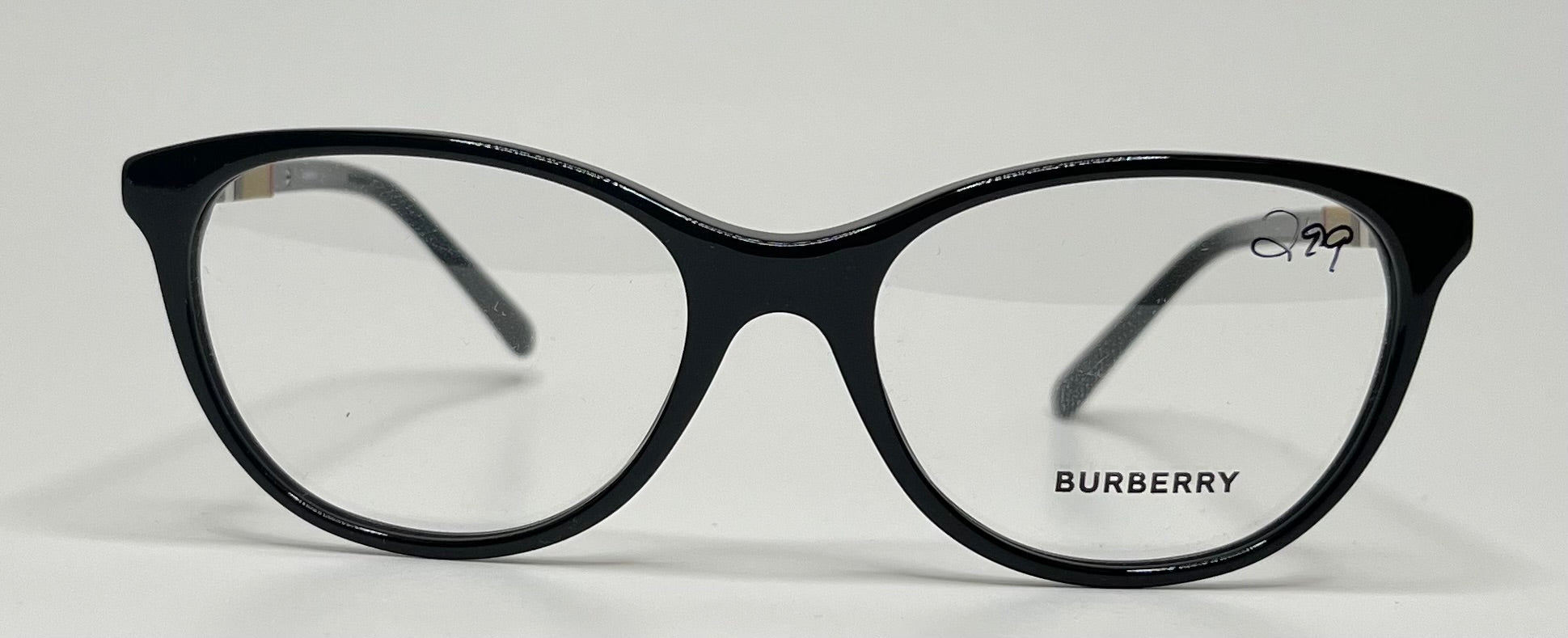 Black Burberry eyeglasses on a white background