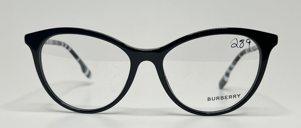Black Burberry eyeglasses on a light gray background