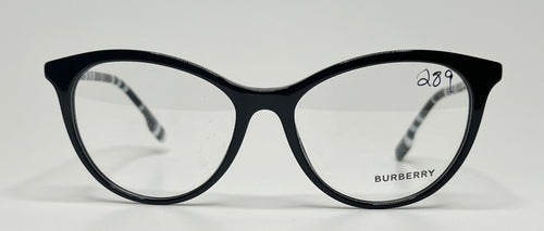 Black Burberry eyeglasses on a light gray background