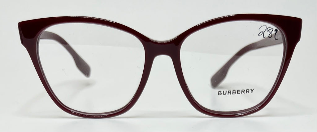 Burberry eyeglasses with a maroon frame on a white background