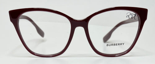 Burberry eyeglasses with a maroon frame on a white background