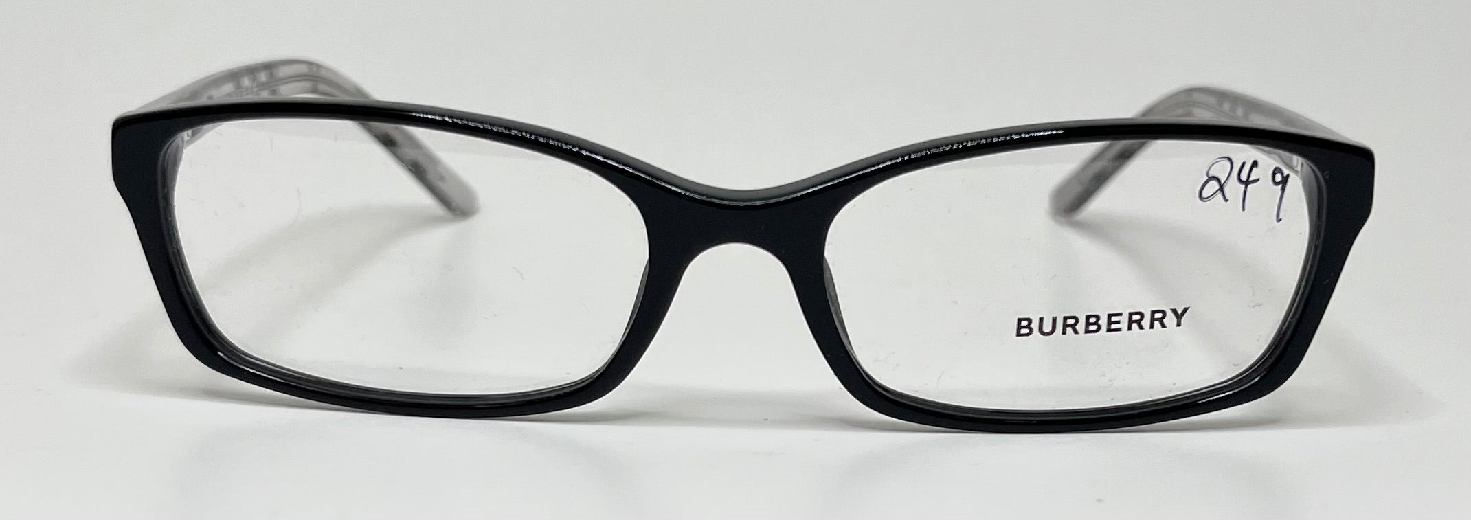 Black Burberry eyeglasses on a white background