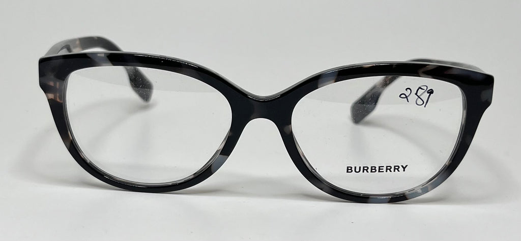 Black cat-eye glasses with Burberry logo on a white background