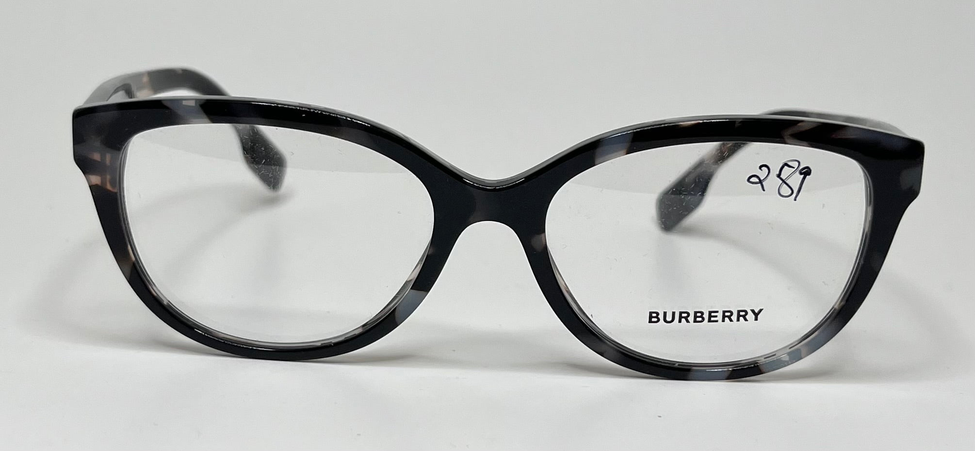 Black cat-eye glasses with Burberry logo on a white background