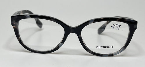 Black cat-eye glasses with Burberry logo on a white background