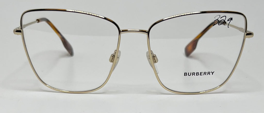 Gold Burberry eyeglasses on a white background