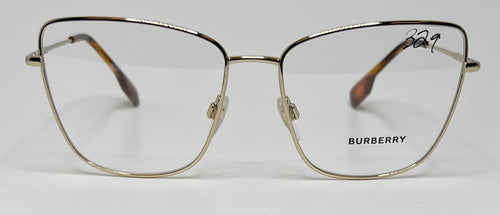 Gold Burberry eyeglasses on a white background