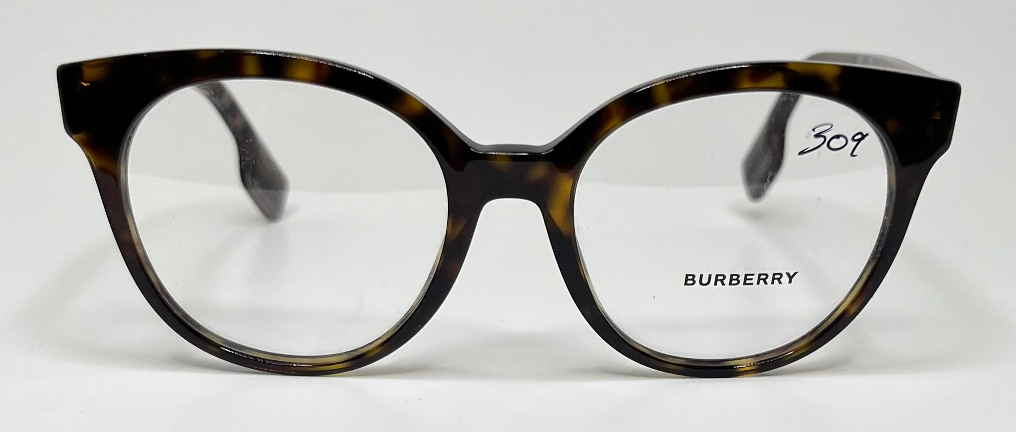 Tortoiseshell Burberry eyeglasses on a white background