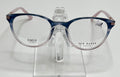 A pair of Ted Baker TFW006 ladies eyeglass frames in navy and pink color displayed on a stand.
