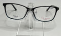A pair of Ted Baker TFW004 eyeglasses with black and blue frames, displayed on a stand.