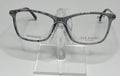 A pair of Ted Baker eyeglasses with a gray plastic frame, displayed on a stand.
