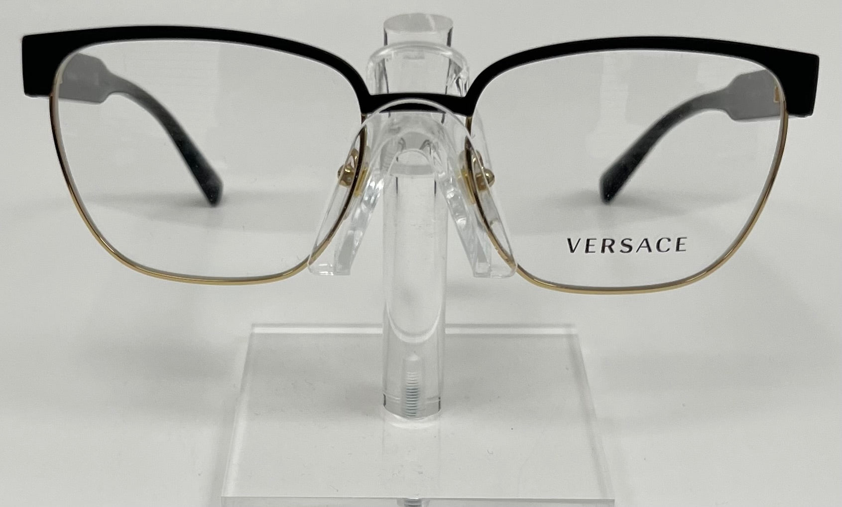 Front view of Versace MOD 1264 men's eyeglasses in black and gold, size 54-18-140