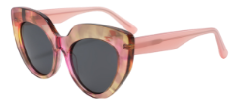 A pair of cat-eye style sunglasses with dark pink and green floral pattern on the frames.