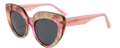 A pair of cat-eye style sunglasses with dark pink and green floral pattern on the frames.
