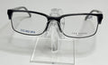 A pair of Ted Baker B347 men's eyeglasses with a black plastic frame and metal accents displayed on a stand.