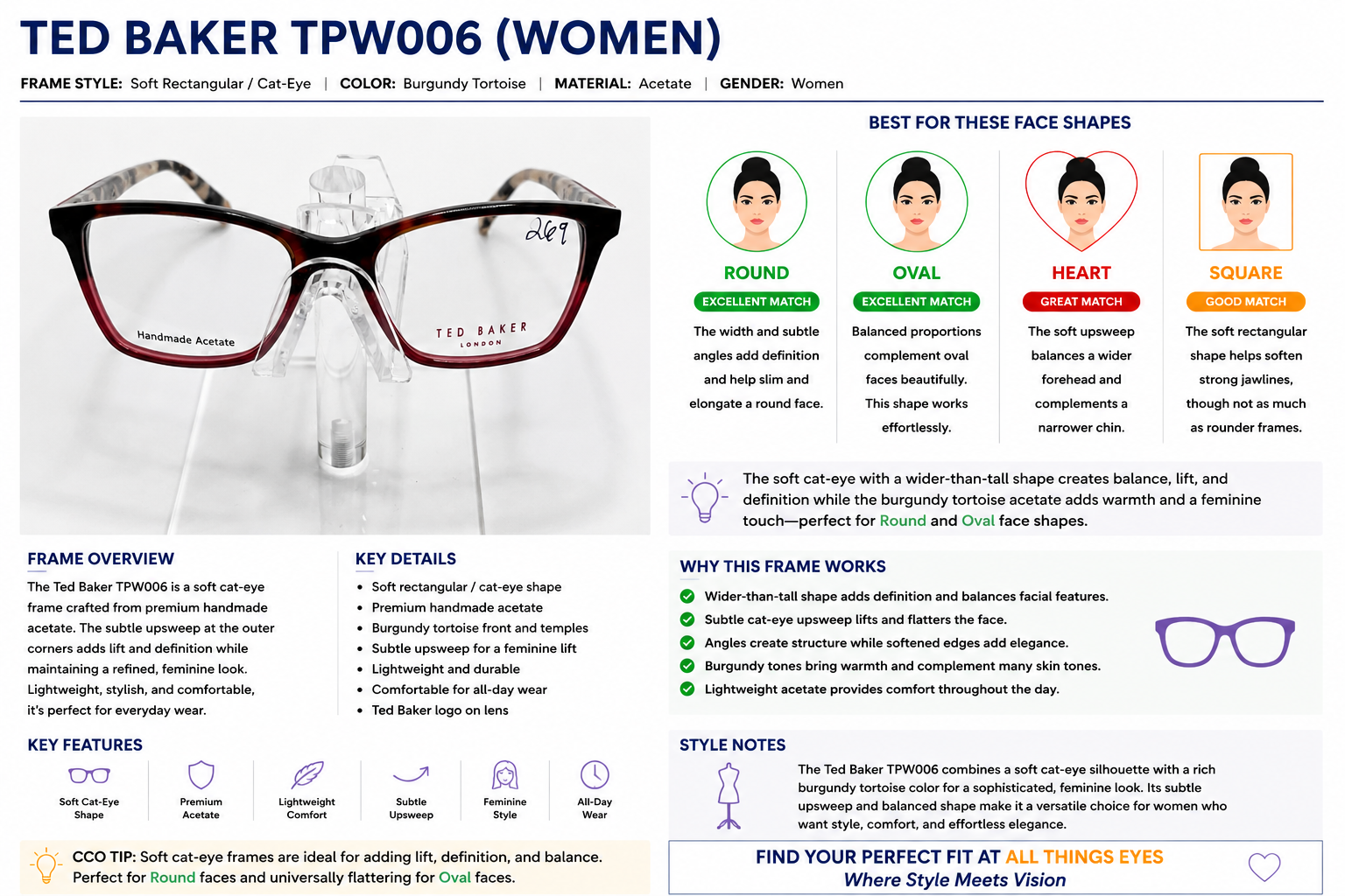 A product information graphic for the Ted Baker TPW006 women's eyeglass frame. The image features a large black-and-white front view of the frame, a smaller translucent plastic sample view, and multiple colored face shape icons with descriptions for round, oval, heart, and square face shapes.