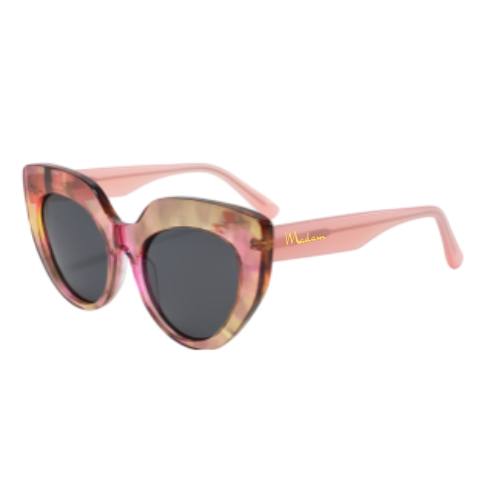 Sunglasses with pink frame and gradient lenses on a white background