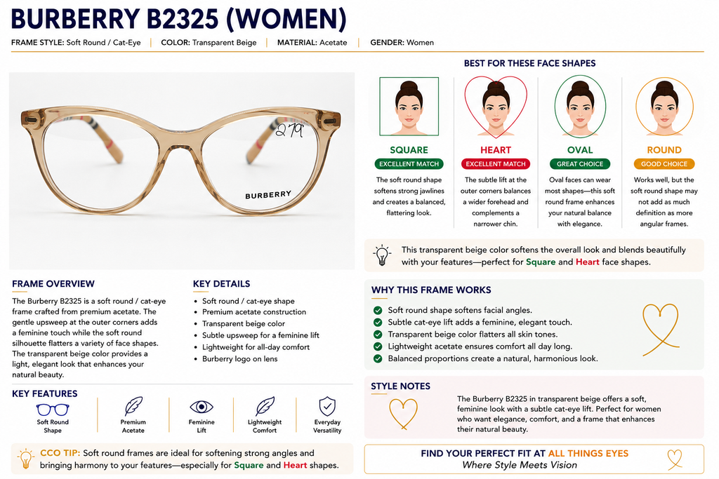 A product information graphic for the Burberry B2325 women's eyeglass frame. The left side shows a large photo of the transparent beige acetate frame with a butterfly logo.