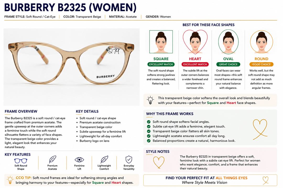 A product information graphic for the Burberry B2325 women's eyeglass frame. The left side shows a large photo of the transparent beige acetate frame with a butterfly logo.