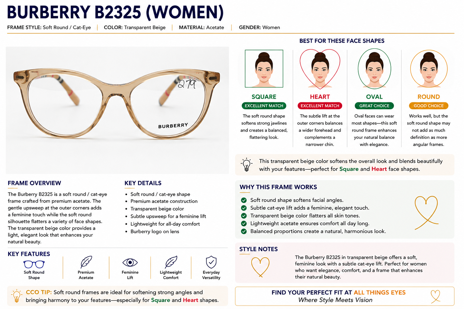 A product information graphic for the Burberry B2325 women's eyeglass frame. The left side shows a large photo of the transparent beige acetate frame with a butterfly logo.