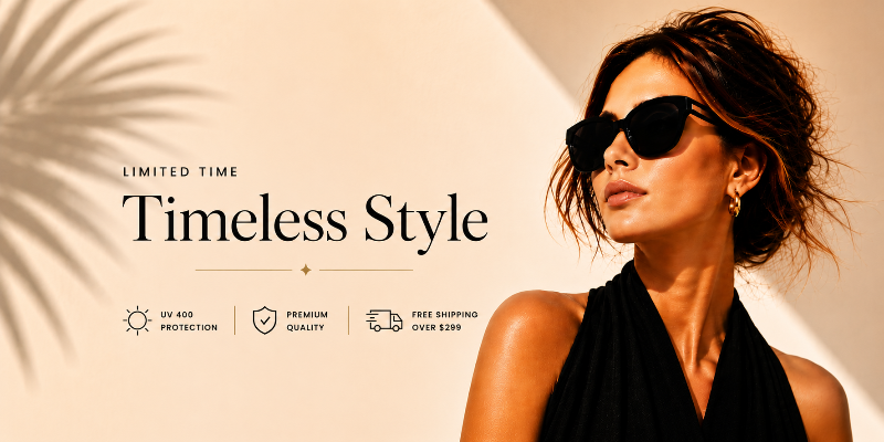 Woman wearing sunglasses with promotional text for 'Timeless Style' sunglasses on a beige background.