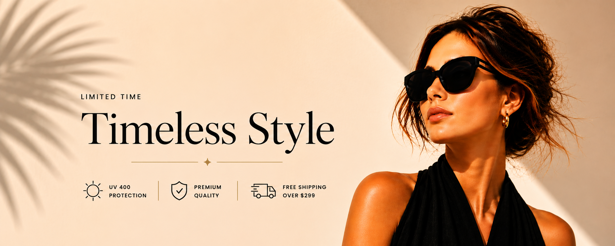 Woman wearing sunglasses with promotional text for 'Timeless Style' on a beige background